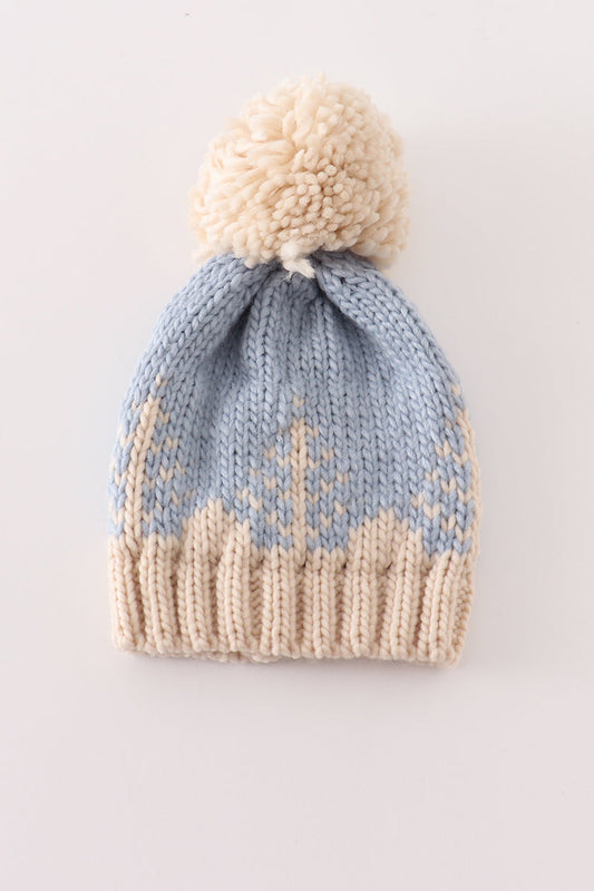 Blue pompom Christmas tree cable beanie hat