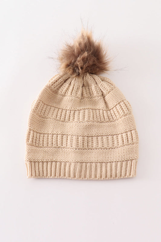 Beige pompom cable beanie hat