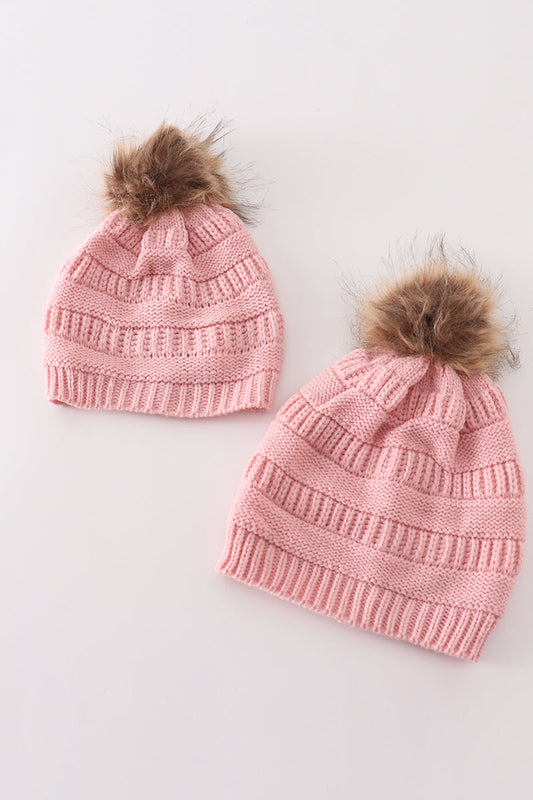 Pink pompom cable beanie hat