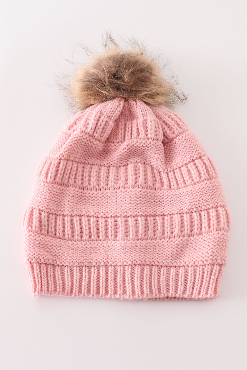 Pink pompom cable beanie hat