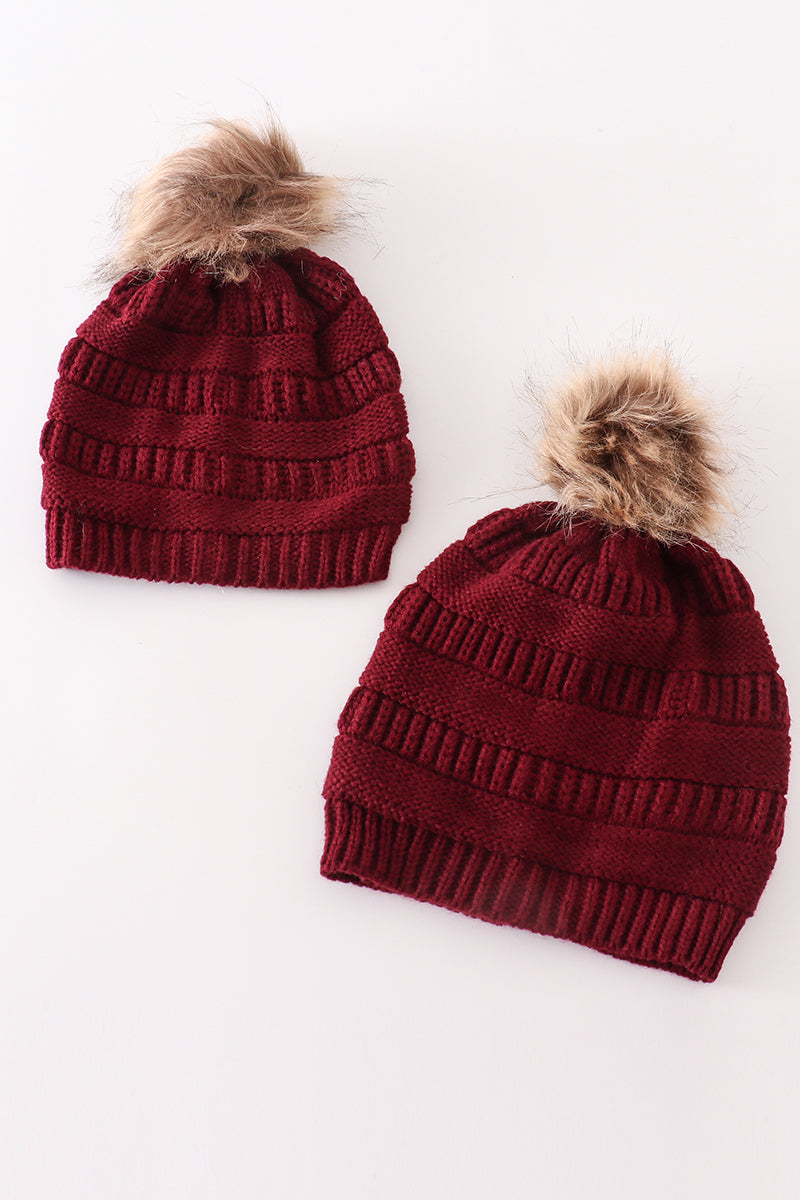 Burgundy pompom cable beanie hat