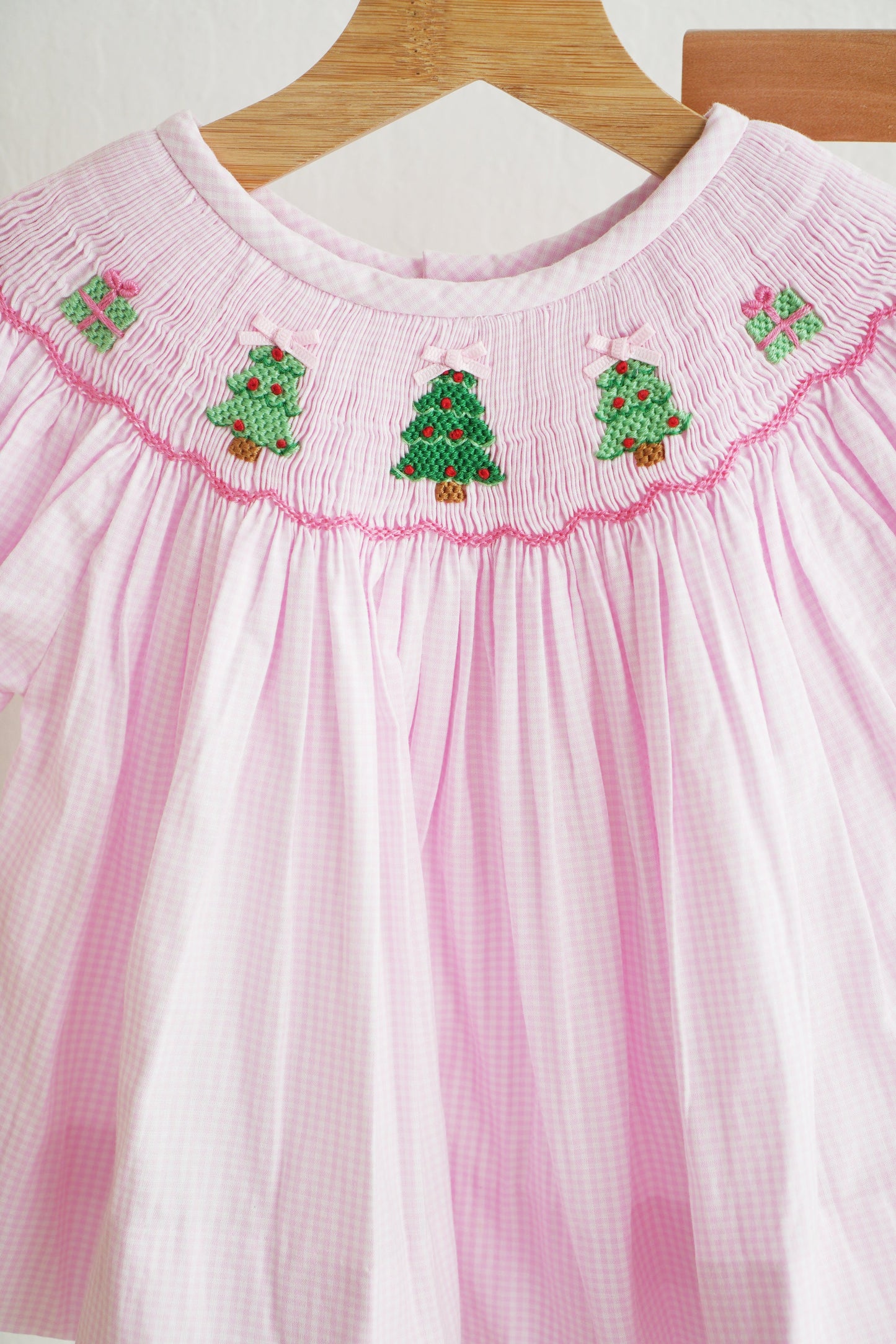 Pink christmas tree hand smocked bloomer set