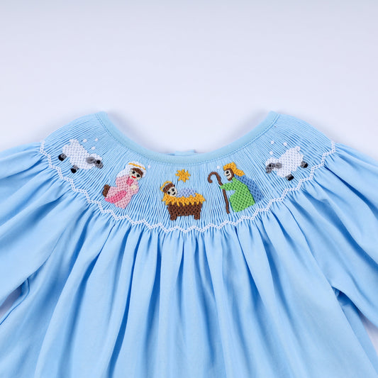 Blue nativity hand smocked bloomer set