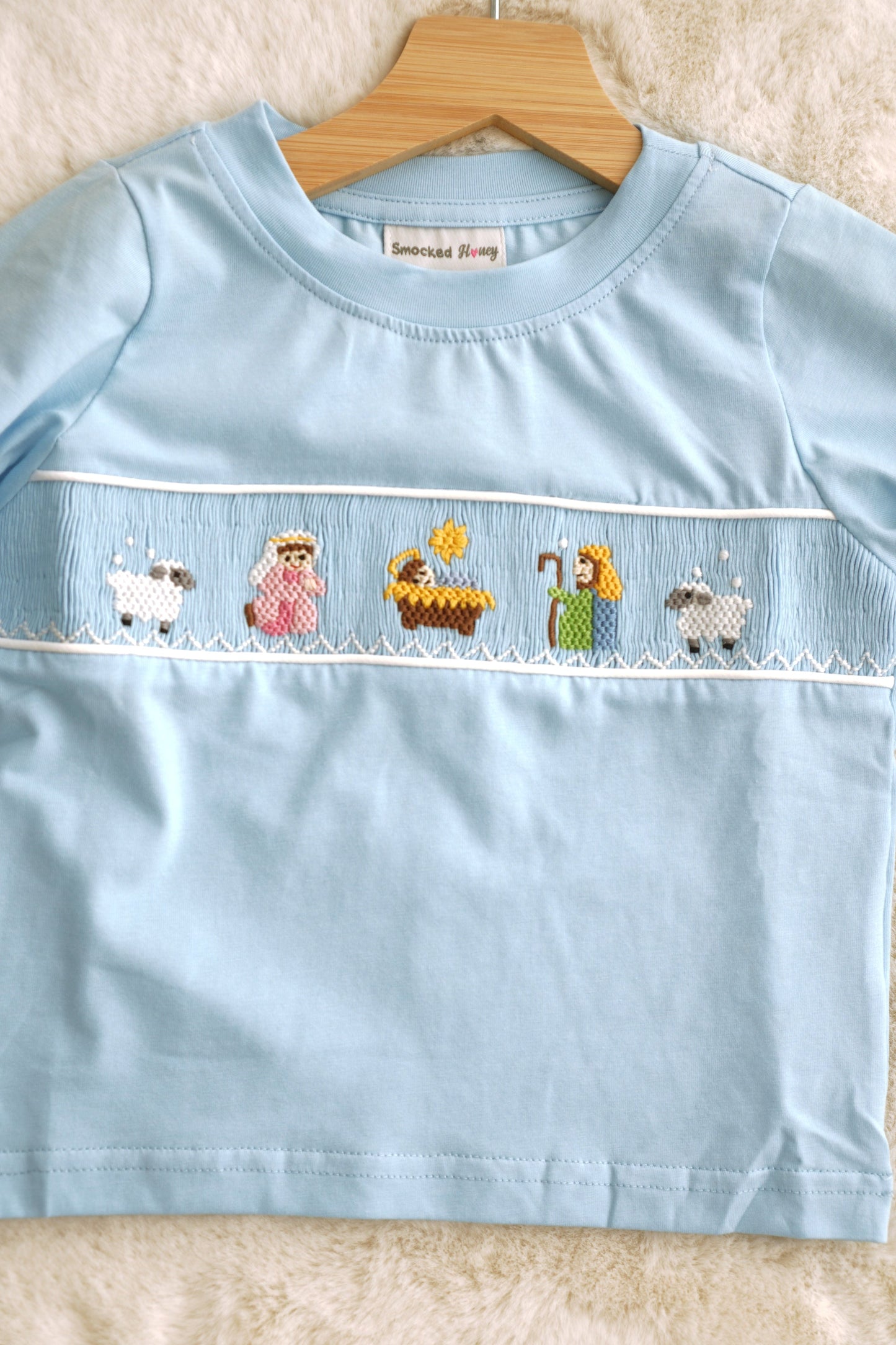 Blue nativity hand smocked pants set