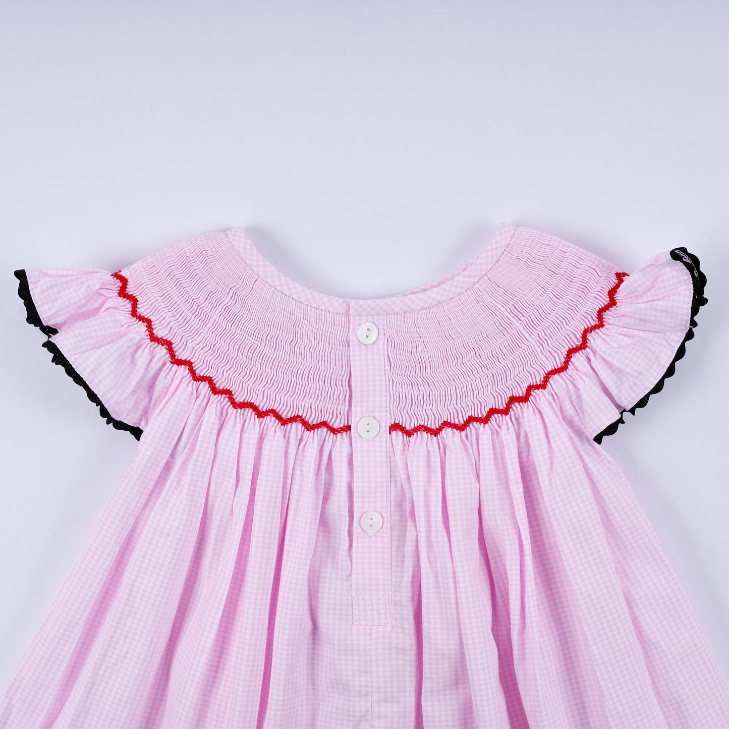 Red character hand smocked plaid ruffle dress