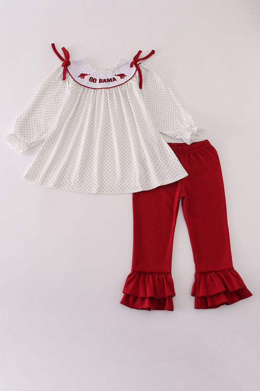 Maroon Alabama embroidery dot ruffle pants set
