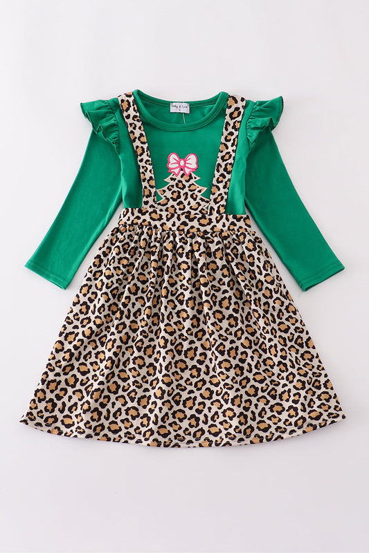 Forest tree applique leopard ruffle skorts set