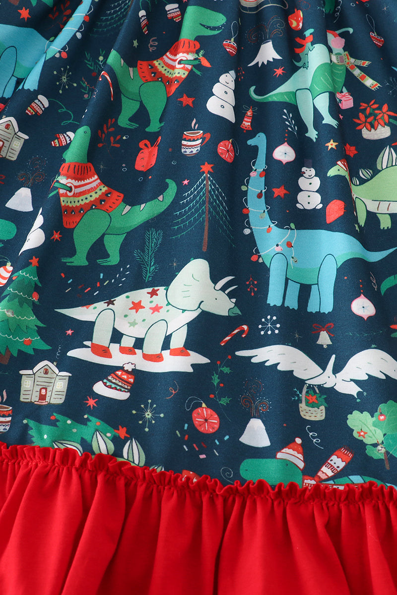 Green dinosaur print ruffle gown