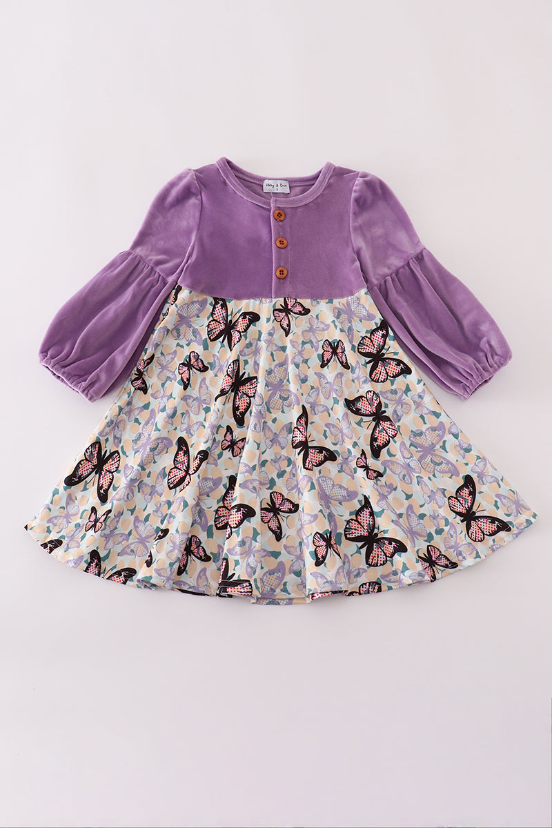 Purple butterfly print velvet dress