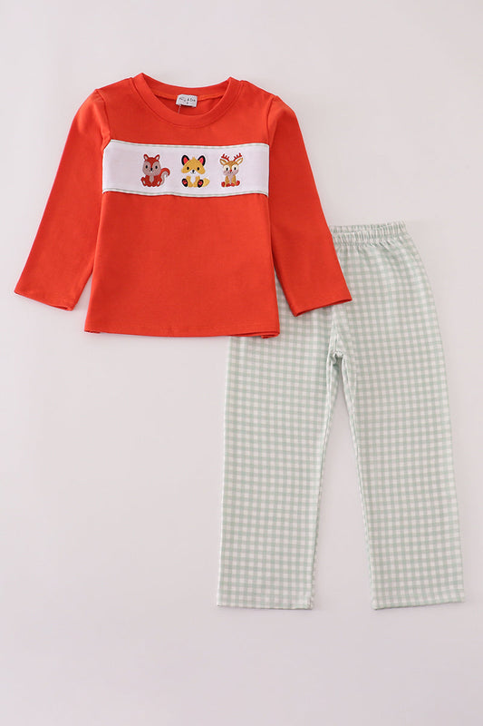 Fox embroidery gingham pants set