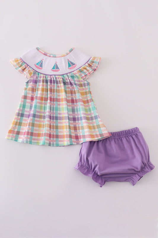 Purple sailboats embroidery bloomer set