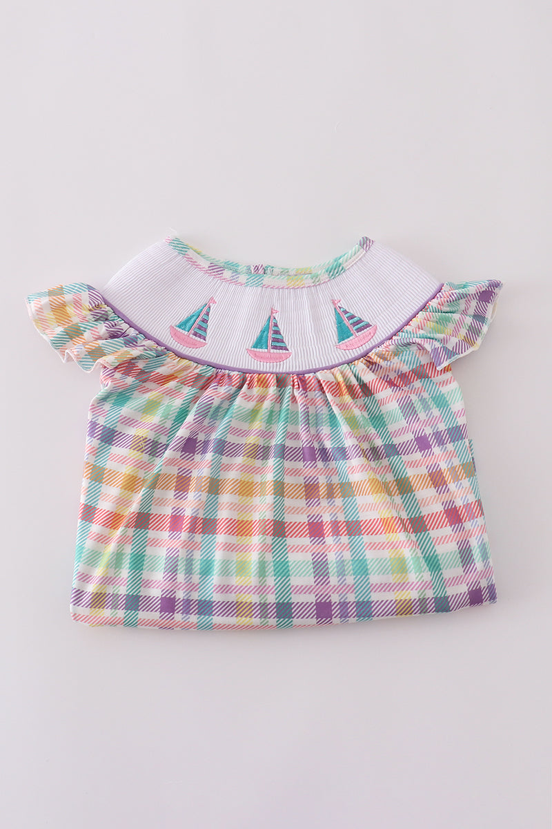 Purple sailboats embroidery ruffle shorts set