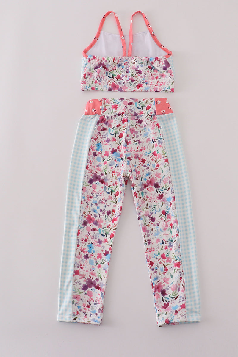 Green floral print 2pc active tank legging set