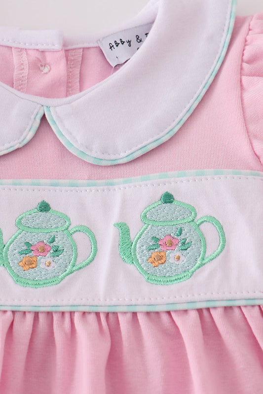 Pink teapot embroidery puff sleeve shorts set