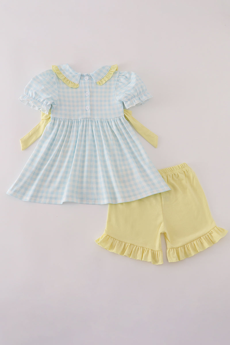 Blue character embroidery gingham ruffle shorts set