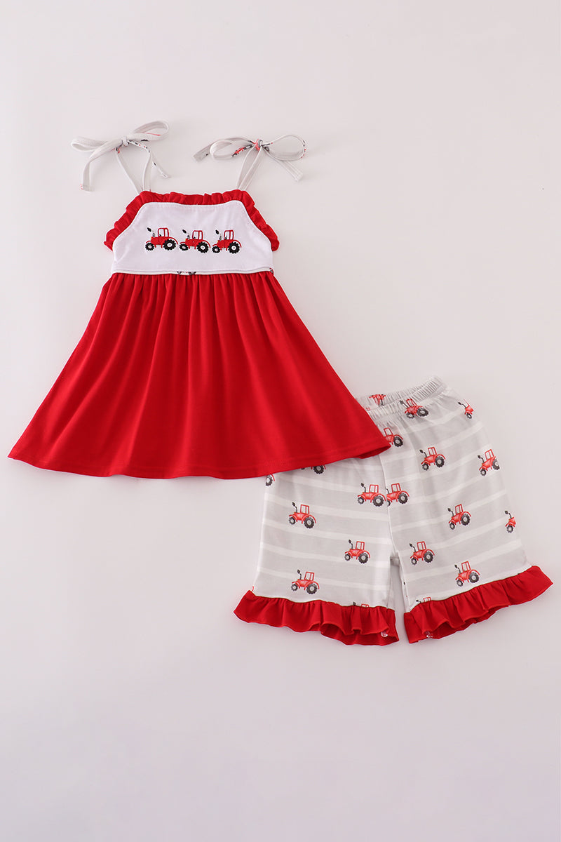 Red tractor embroidery ruffle shorts set