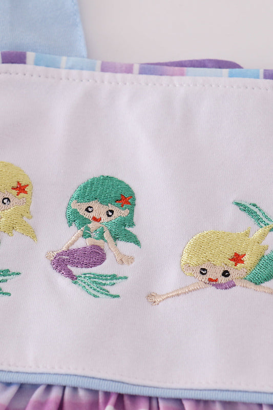 Purple stripe mermaid embroidery ruffle shorts set