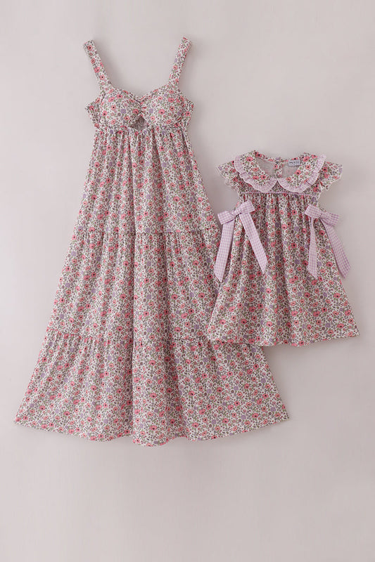 Purple floral print tiered mom&me dress