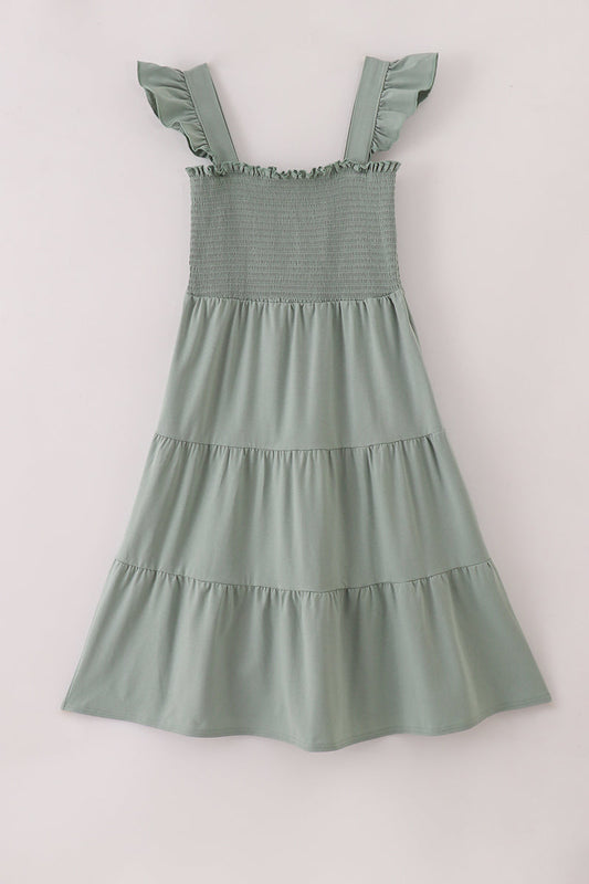Sage smocked tiered mom dress