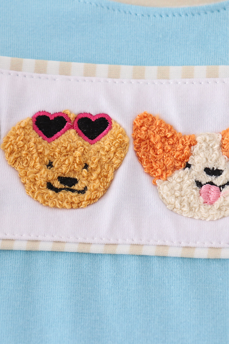 Blue puppy french knot romper