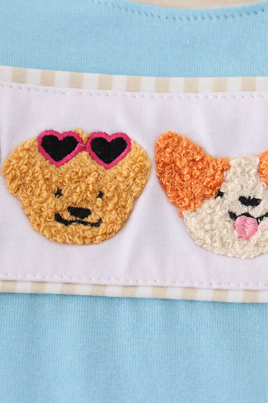 Blue puppy french knot romper