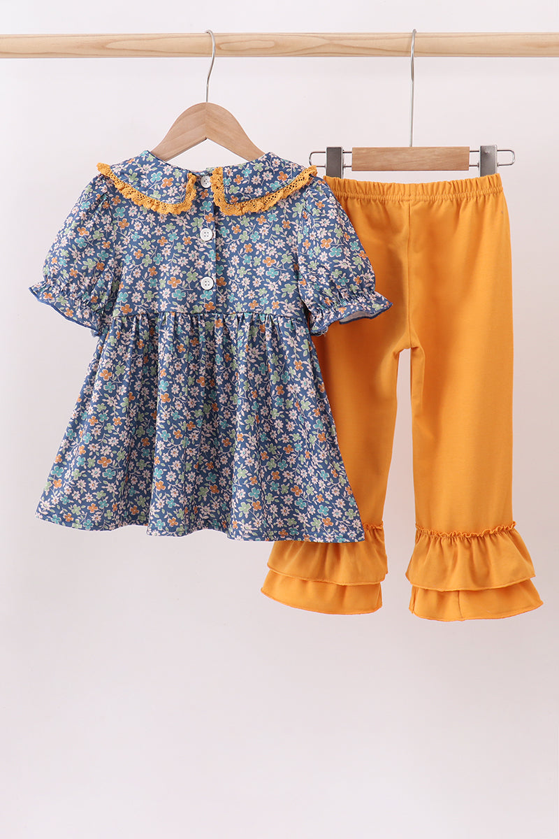 Navy floral smocked ruffle pants set
