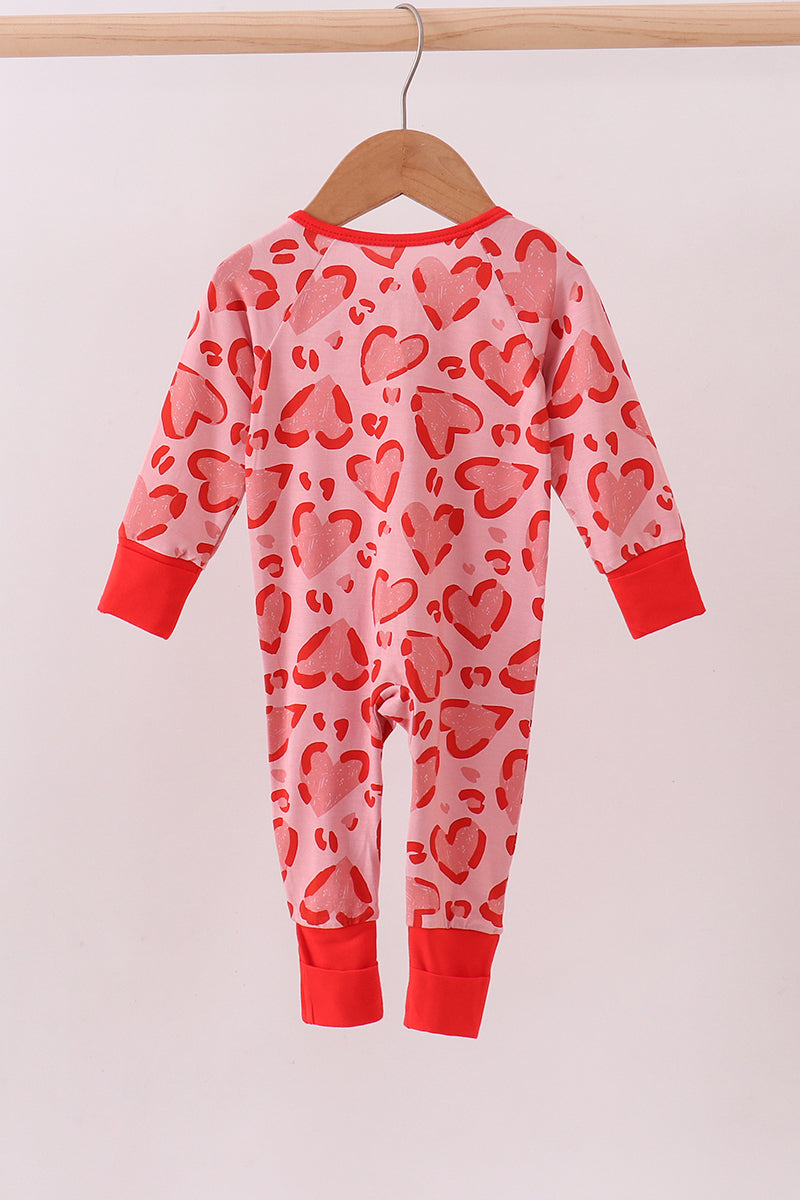 Red heart print bamboo zipper romper