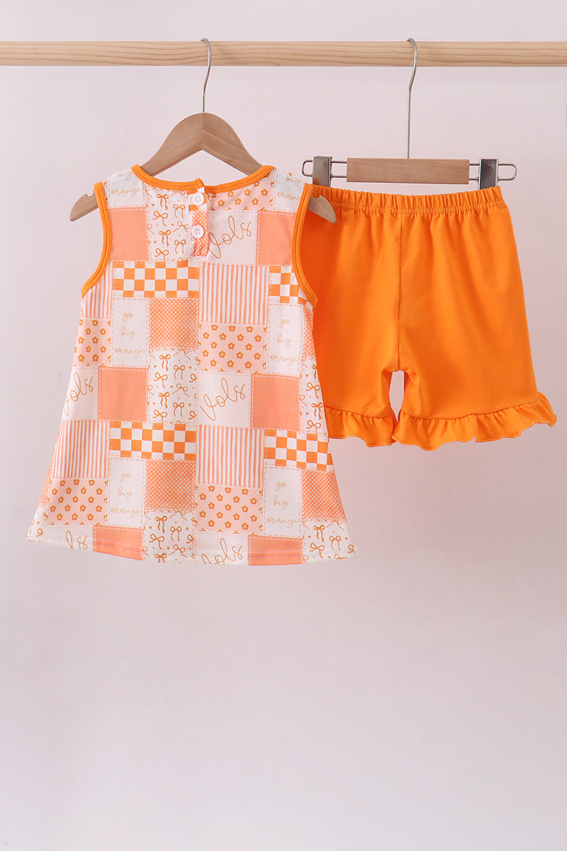 Orange Tennessee patchwork ruffle shorts set