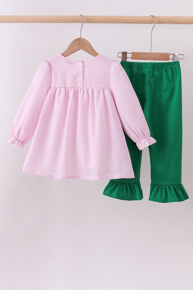 Pink clover applique seersucker pants set