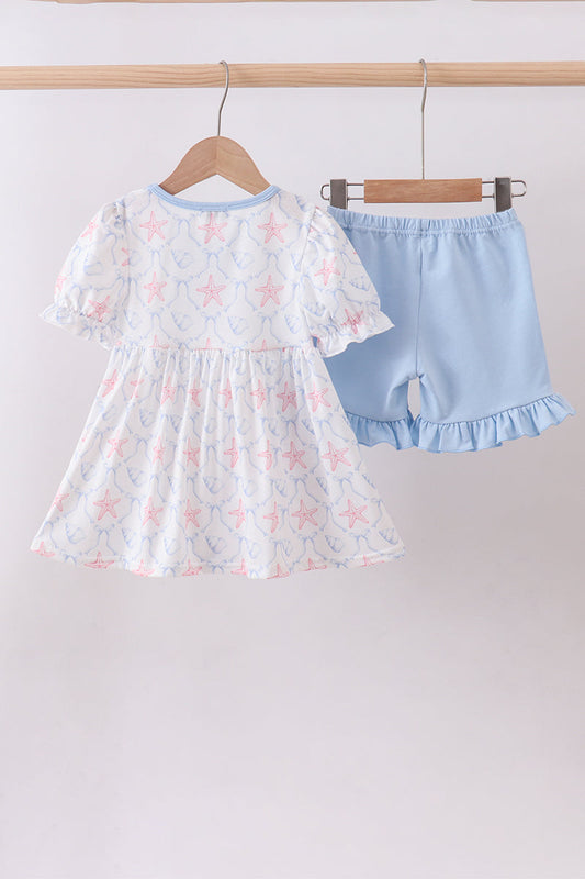 Blue starfish shell ruffle shorts set