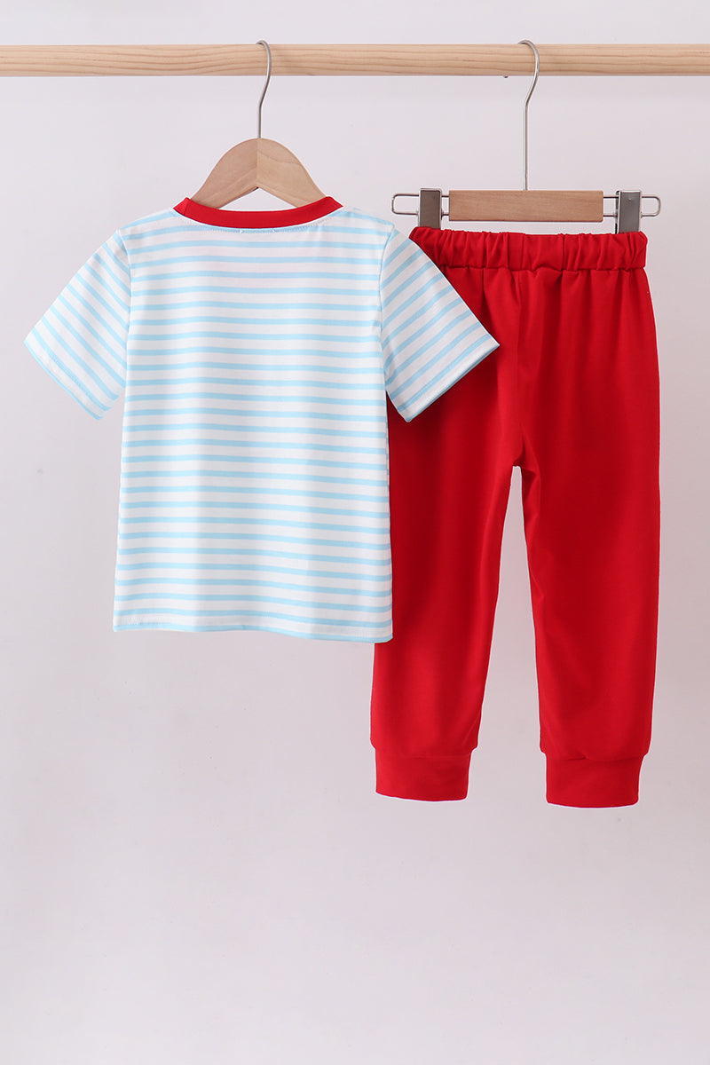 Blue stripe sports Trio applique pants set