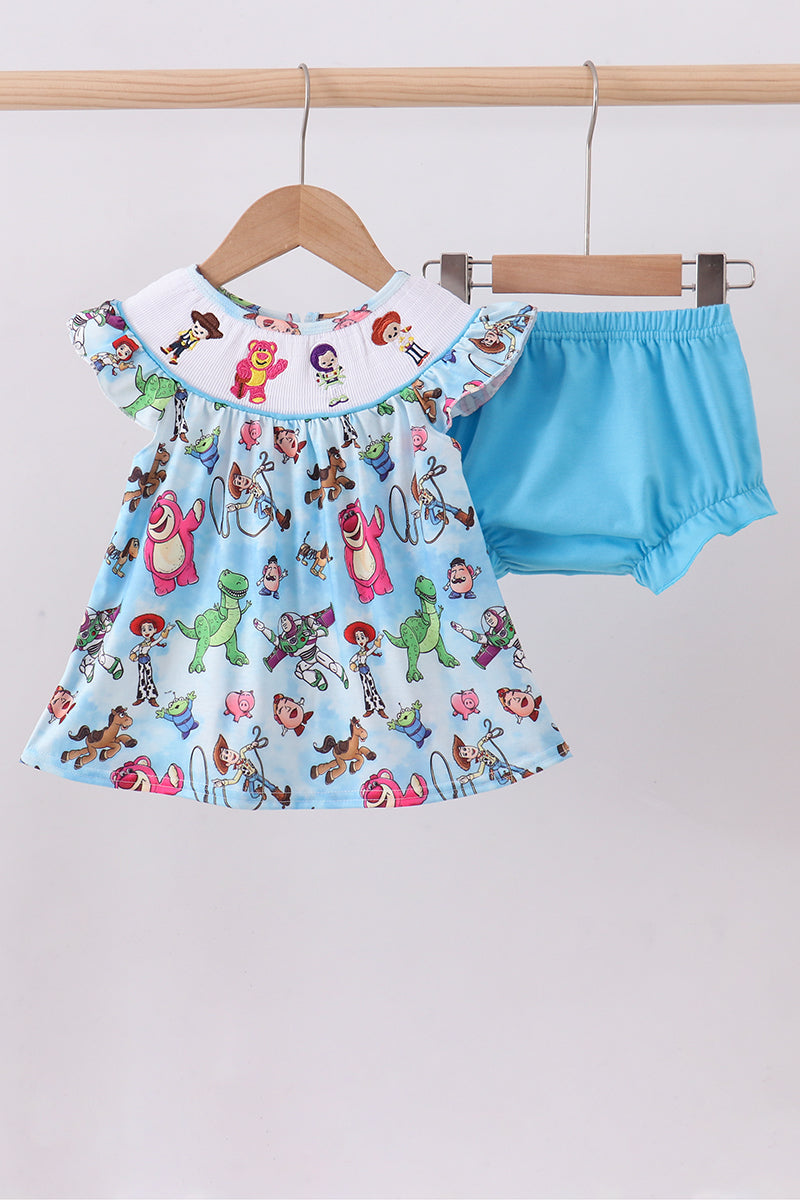Blue character smocked ruffle bloomer set