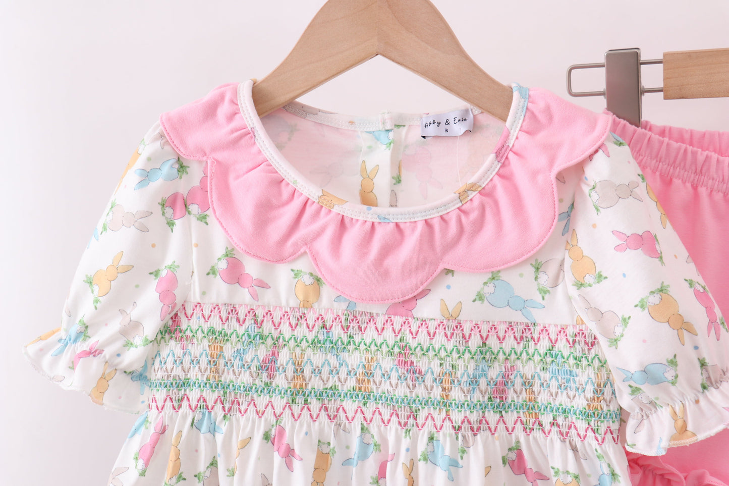 Pink bunny smocked ruffle shorts set