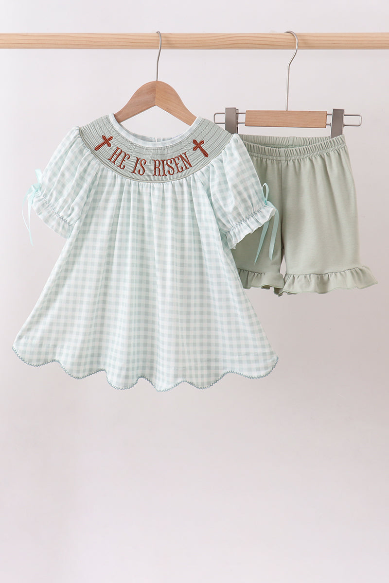 Sage he is risen smocked ruffle shorts set