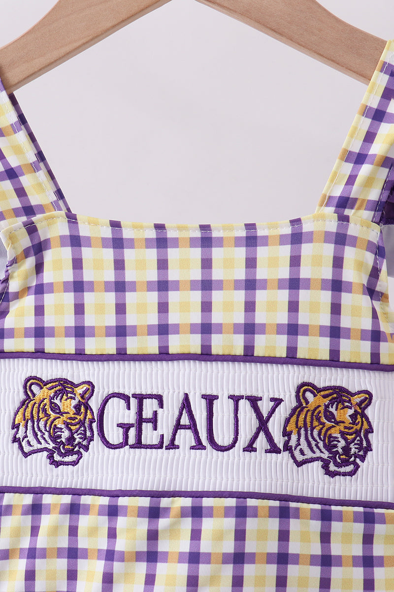 Purple LSU GEAUX smocked swimsuit
