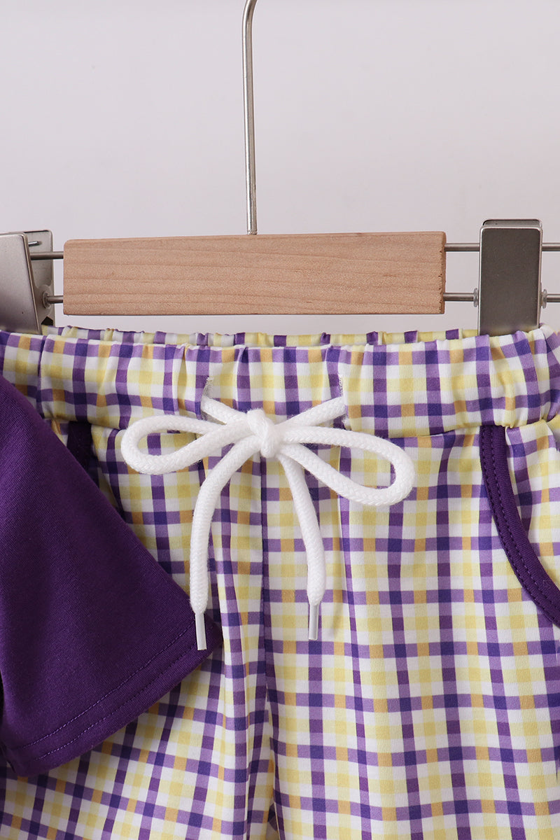 Purple LSU GEAUX smocked gingham shorts set
