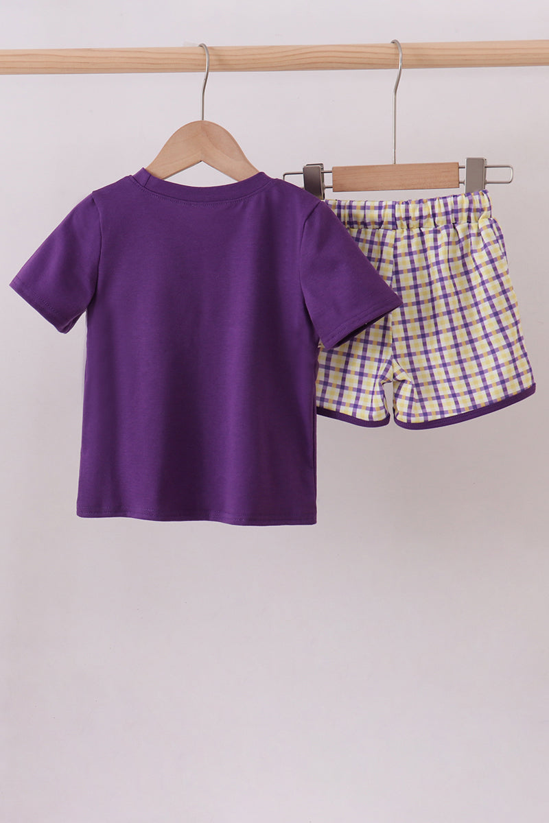 Purple LSU GEAUX smocked gingham shorts set