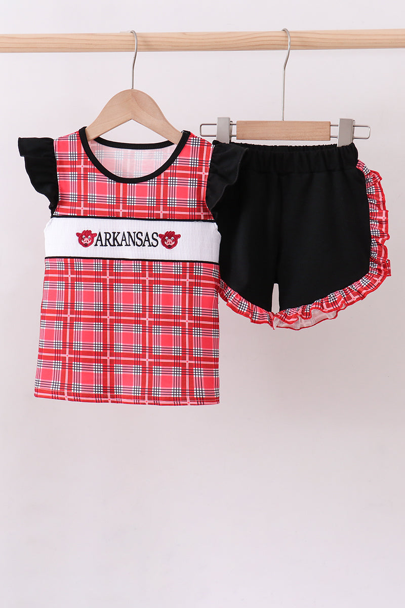 Arkansas smocked plaid ruffle shorts set