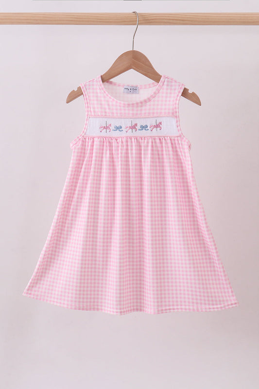 Pink horse bow smocked gingham dress