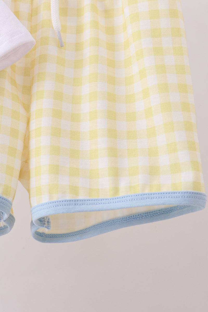 White zoo embroidery gingham shorts set