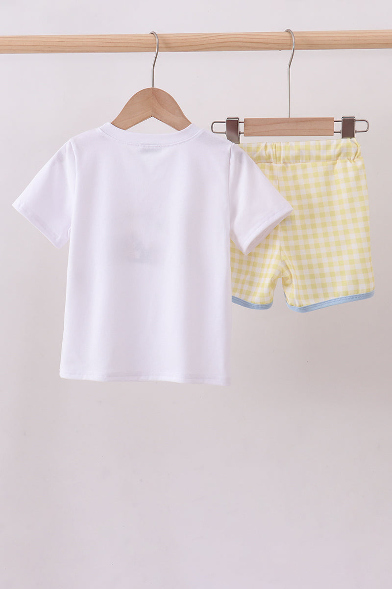 White zoo embroidery gingham shorts set