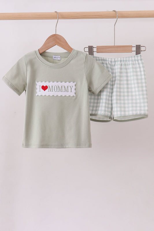 Green I love MOMMY smocked gingham shorts set