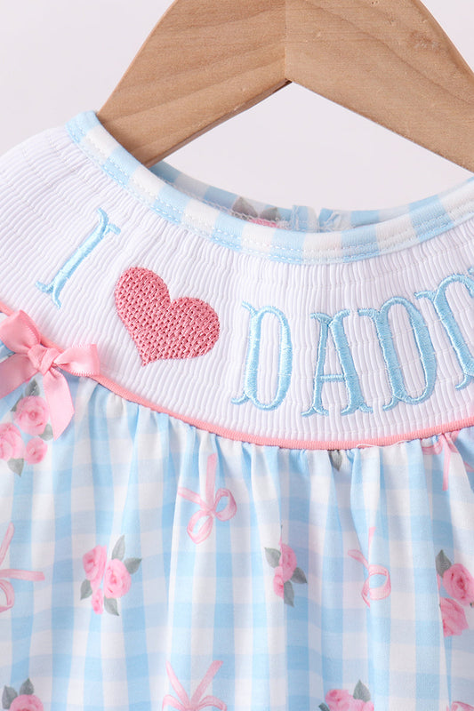 Blue I love DADDY smocked floral gingham ruffle bloomer set