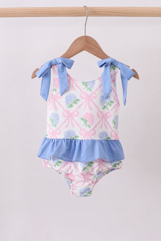 Blue bow floral ruffle swimsuit