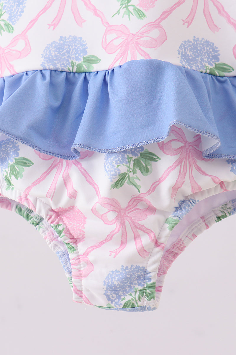 Blue bow floral ruffle swimsuit
