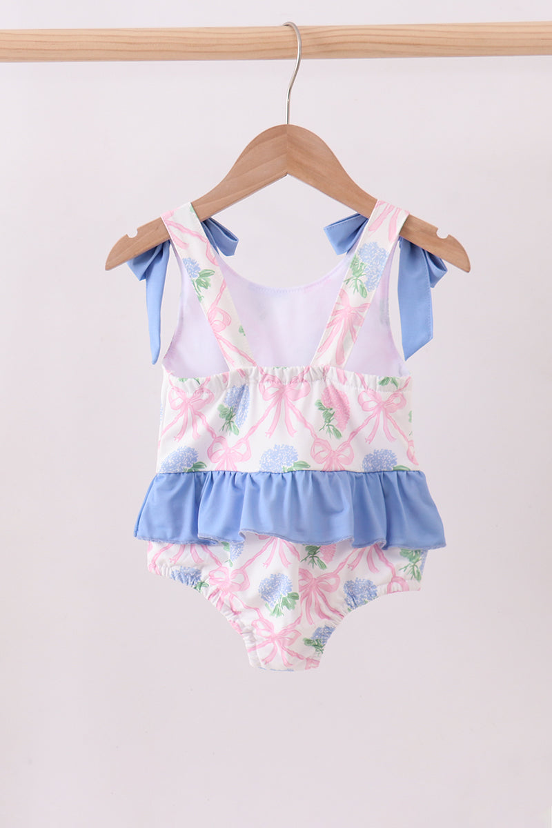 Blue bow floral ruffle swimsuit
