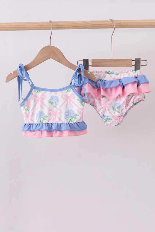 Blue bow floral ruffle 2pc swimsuit