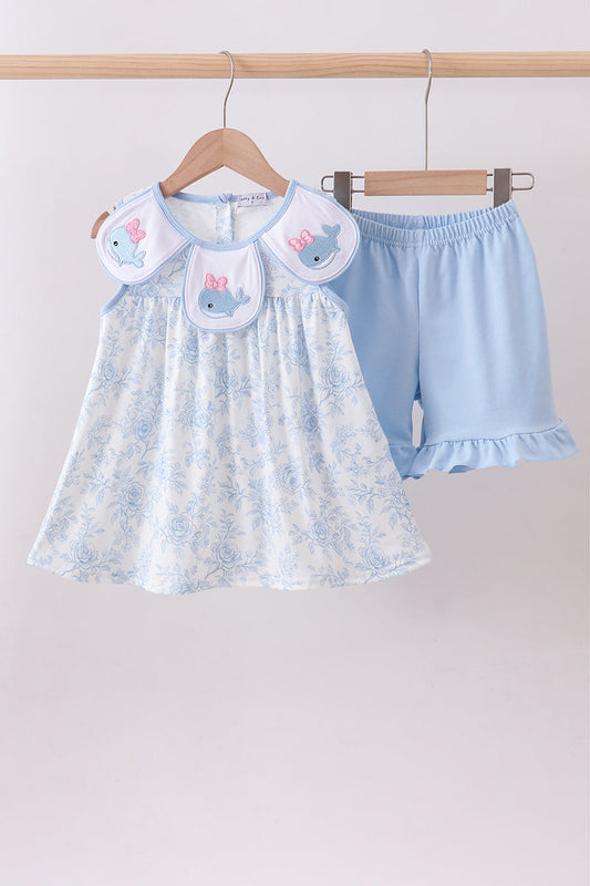 Blue whale embroidery ruffle shorts set