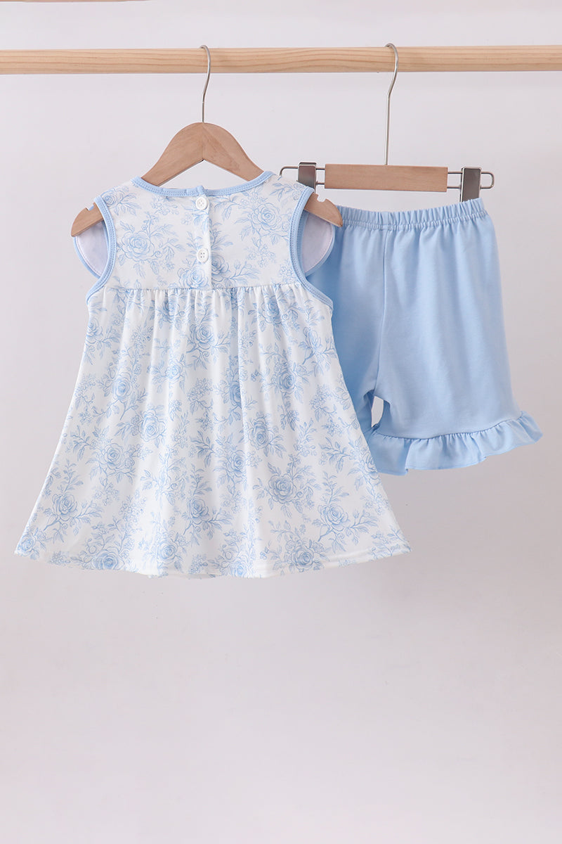 Blue whale embroidery ruffle shorts set