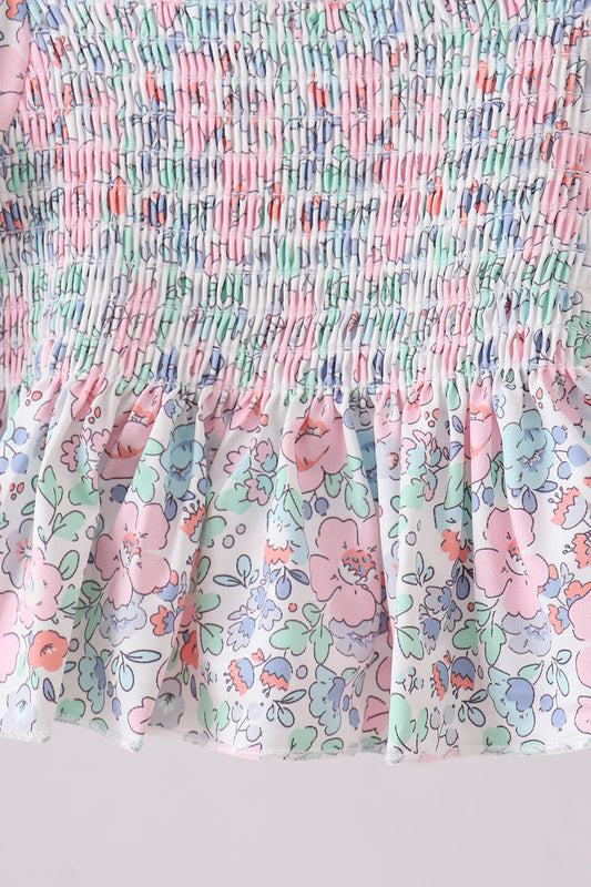 Green floral smocked ruffle 2pc swimsuit